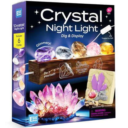 EggBox Gemstone Dig Kit with real gemstones, crystals, night light, and display stand for kids ages 3+ to 10, educational science toy.