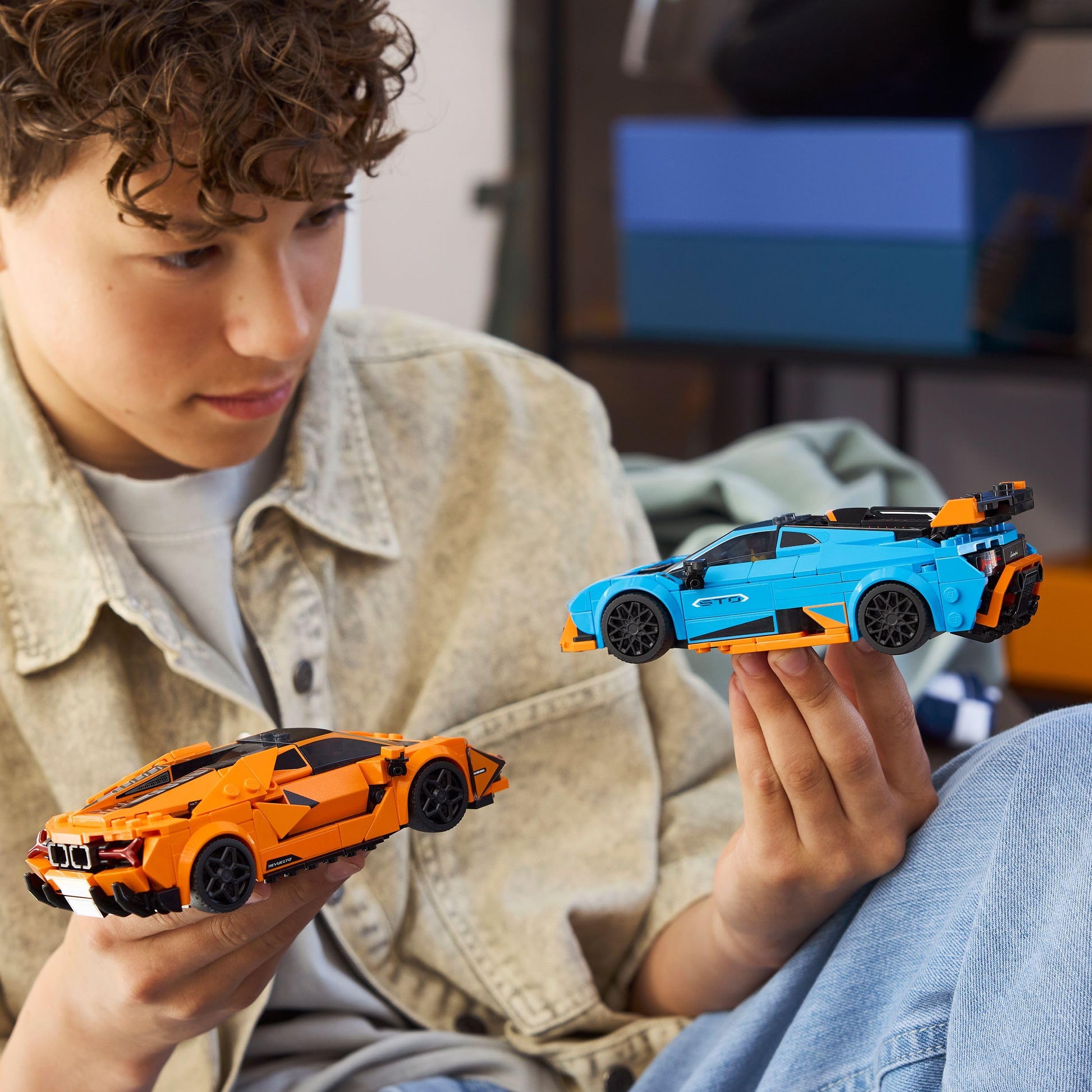 LEGO Speed Champions Lamborghini Revuelto and Huracán STO toy race cars with two driver minifigures in vibrant colors.