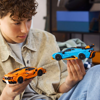 LEGO Speed Champions Lamborghini Revuelto and Huracán STO toy race cars with two driver minifigures in vibrant colors.