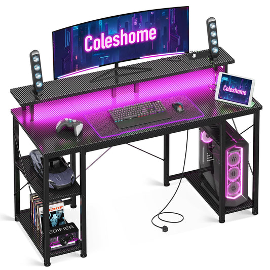 Coleshome Gaming Desk with LED Lights, 120x50 cm Computer desk with Power Outlets, Gaming PC Table with Monitor Stand, Storage Shelves, CPU Stand, Carbon Fiber Black