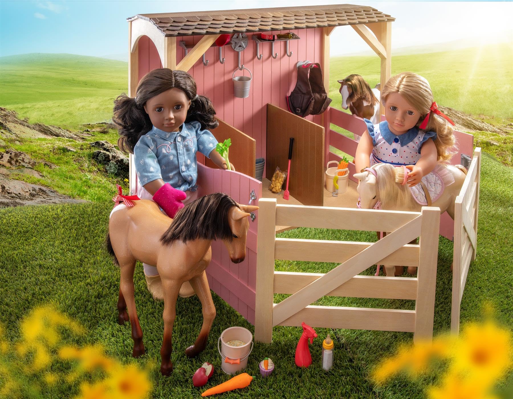 12-inch Our Generation Palomino Party Foal doll with birthday treats and 5 accessory items in a colorful setting.
