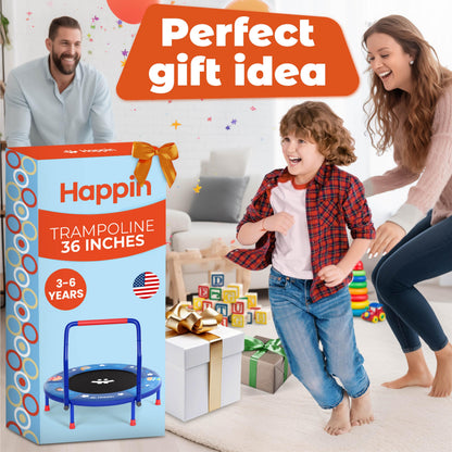 Happin 36" Mini Foldable Toddler Trampoline, Indoor Trampoline Kids with Height-Adjustable Handle, Noise-Free. Indoor & Outdoor with Super Safety Pad & Durable Steel Frame.