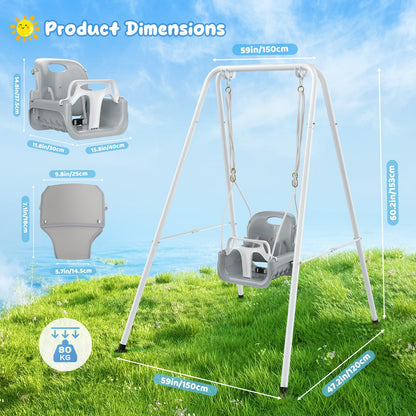 4 in 1 Toddler Swing Set, Kids Swing with Folding Metal Frame Stand, Safety Belt, for Baby In & Outdoor, Garden Playground Set, Swing Sets for backyard (White)