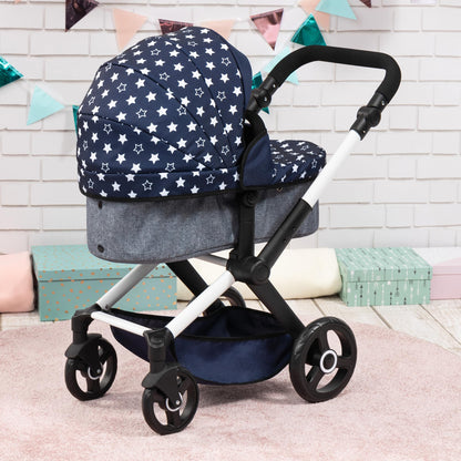 Bayer Baby Dolls Pram XEO in navy blue with white stars, convertible doll stroller with carrycot, changing bag, and adjustable handle.