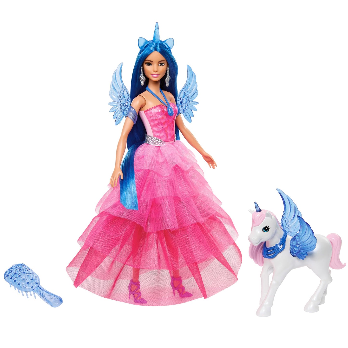 Barbie 65th Anniversary Unicorn Toy with blue hair, pink gown, sapphire wings, and pet alicorn in a colorful setting.