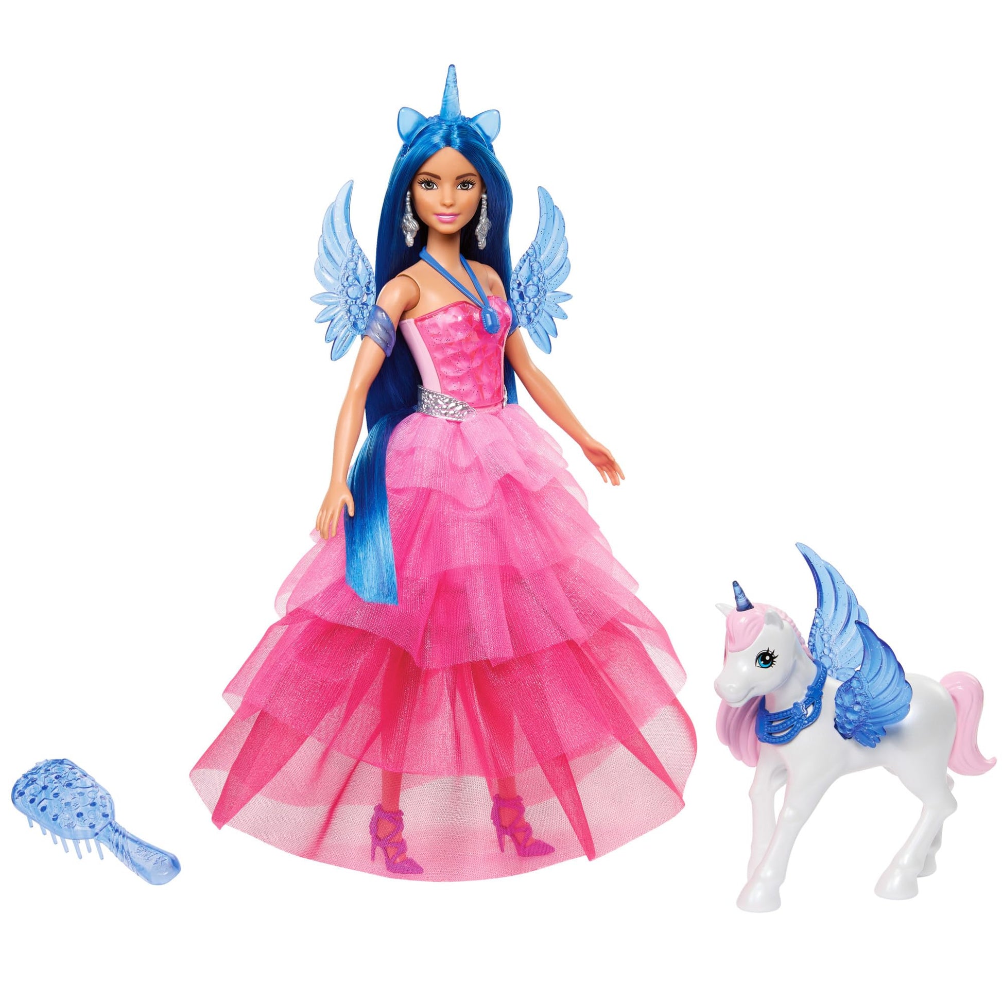 Barbie 65th Anniversary Unicorn Toy with blue hair, pink gown, sapphire wings, and pet alicorn in a colorful setting.