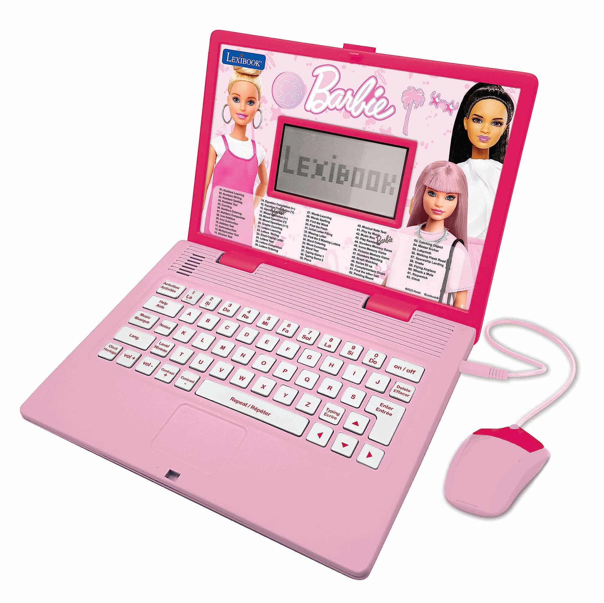 Pink LEXIBOOK Barbie educational bilingual laptop for children featuring 124 activities, games, and music.
