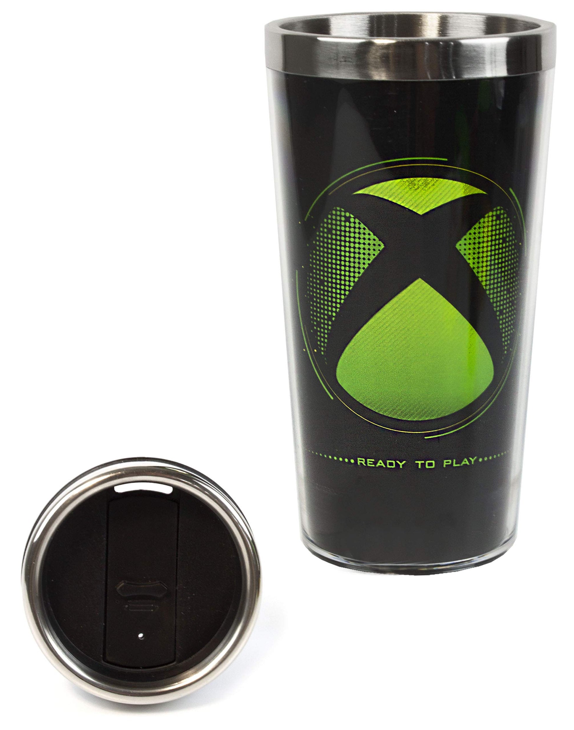 Xbox water bottle and travel mug gift set featuring black and green stainless steel drink cups, 18oz sports bottle and 14oz flask.