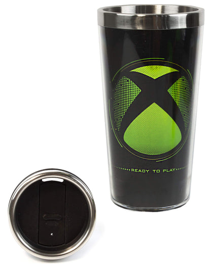 Xbox water bottle and travel mug gift set featuring black and green stainless steel drink cups, 18oz sports bottle and 14oz flask.