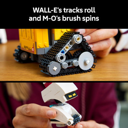 LEGO Disney Pixar WALL-E and EVE model kit with M-O and Hal figures, showcasing detailed brick-built robots for display.
