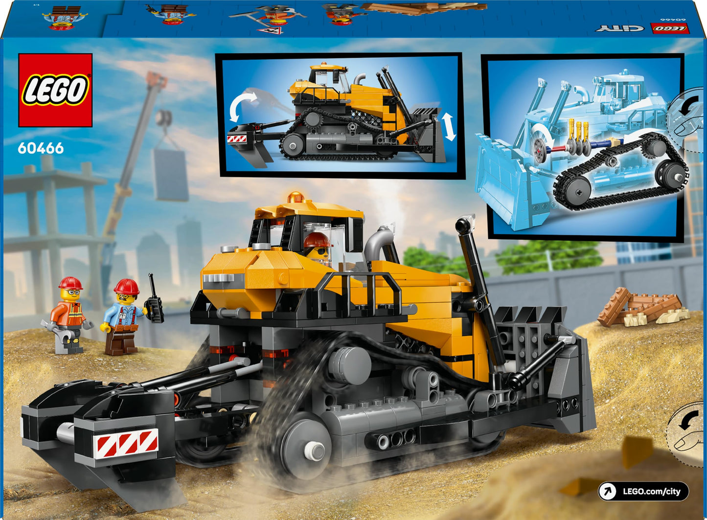 LEGO City yellow bulldozer toy with three minifigures, loose bricks, and road signs in a vibrant construction scene.