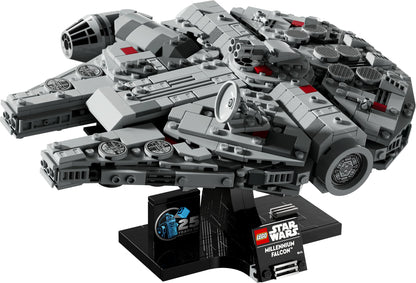 LEGO Star Wars 75375 Millennium Falcon building set with display stand and nameplate, ideal for collectors and fans.