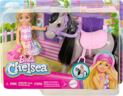 Barbie Chelsea doll and gray toy pony set with helmet and saddle, small doll bends knees to "ride" the pony.