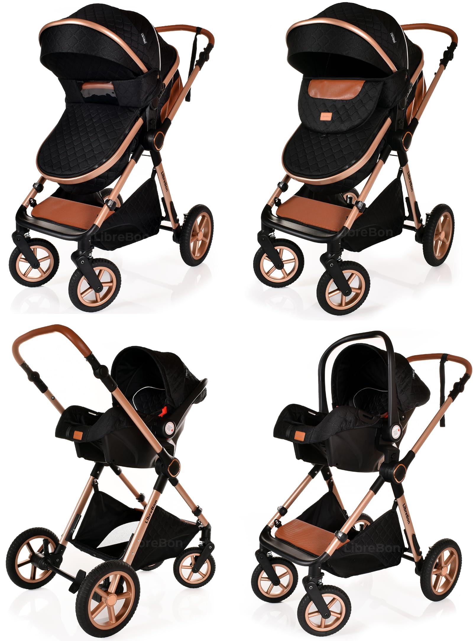 Boneelook 3-in-1 baby buggy pram and stroller with lightweight aluminum frame in black and rose gold, suitable for newborns and toddlers.