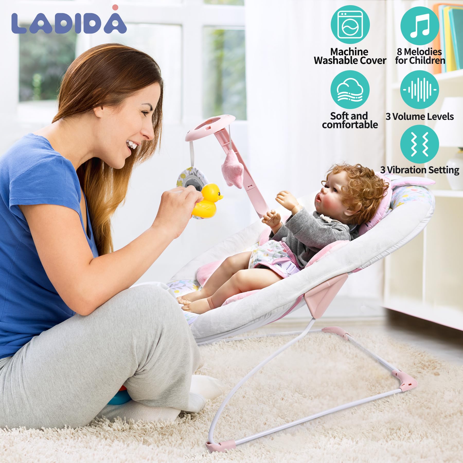 LADIDA baby bouncer for infants up to 6 months with removable toy bar, 3 speed vibrations, and soothing music in a lightweight design.