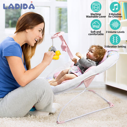 LADIDA baby bouncer for infants up to 6 months with removable toy bar, 3 speed vibrations, and soothing music in a lightweight design.