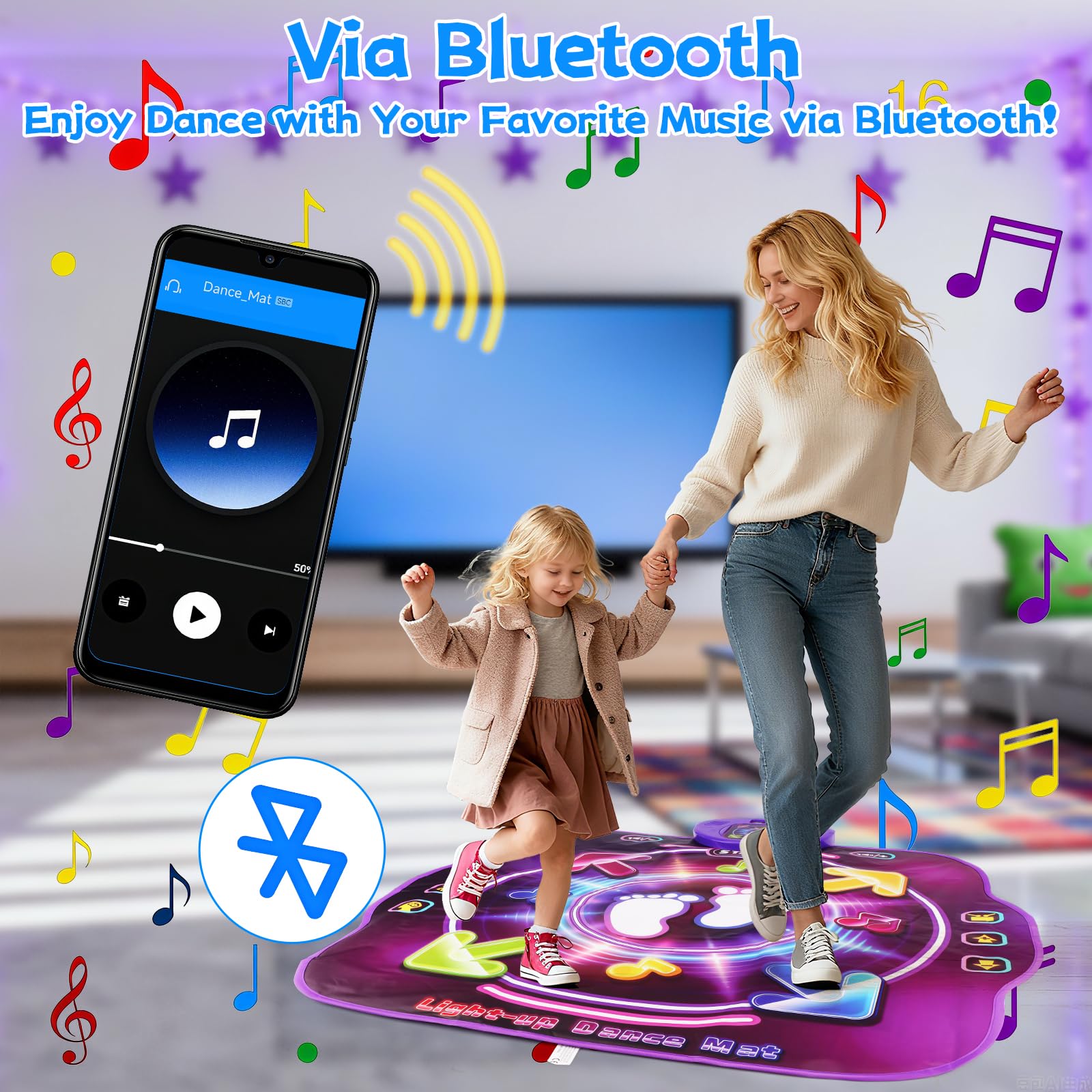 AmyBenton dance mat for kids featuring wireless Bluetooth, light-up buttons, and multiple game modes for children aged 4 to 12.