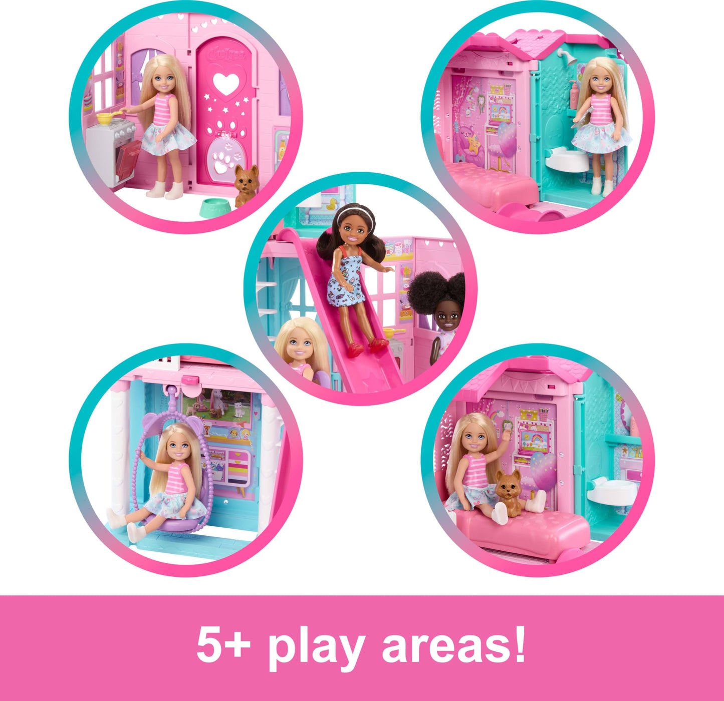 Barbie Chelsea Toy Dollhouse with 15+ Accessories, Pop-Up House Expands to 17+ x 13+ inches with 5 Play Areas & Slide, Includes Small Doll & Pet Dog, JFW49