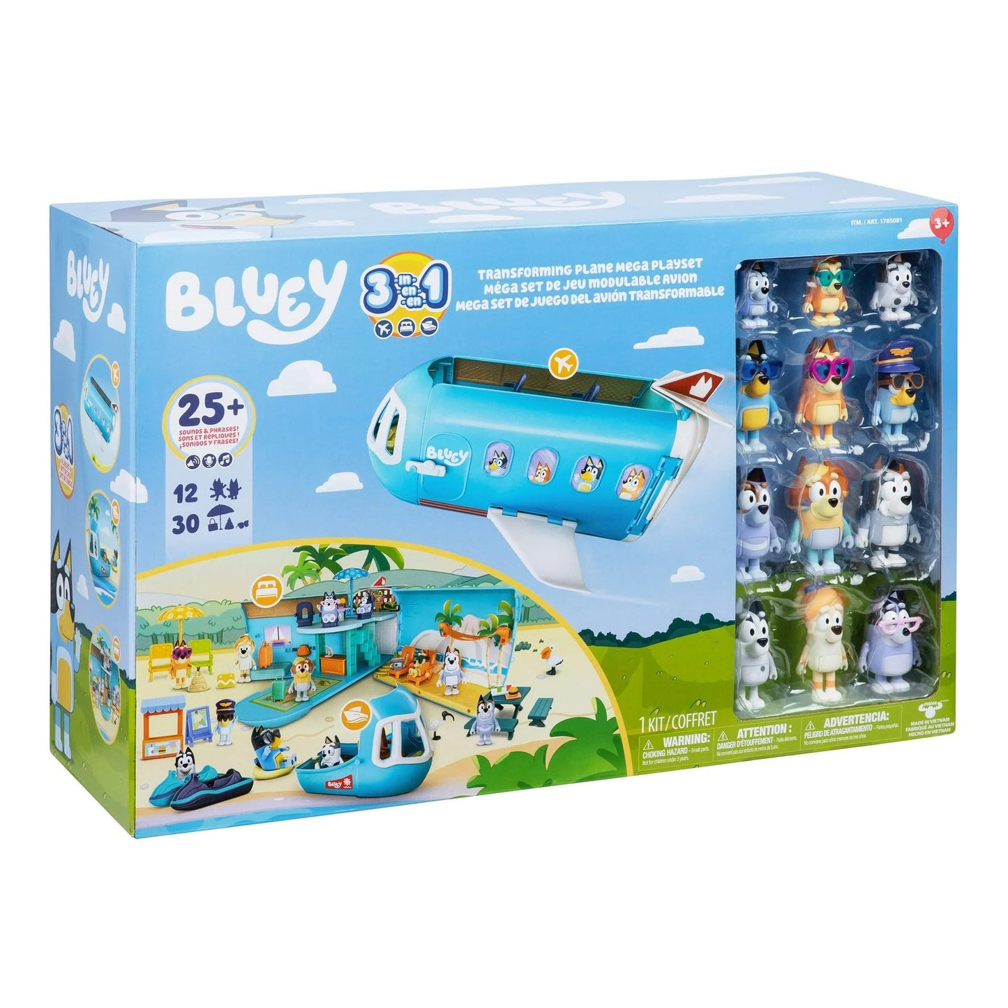 Bluey 3-in-1 Transforming Plane Mega Playset with 12 Figures, Jet Ski & Beach Accessories, Kids Pretend Play Travel Toy, Official Toys, 25+ Pieces, Ages 3+