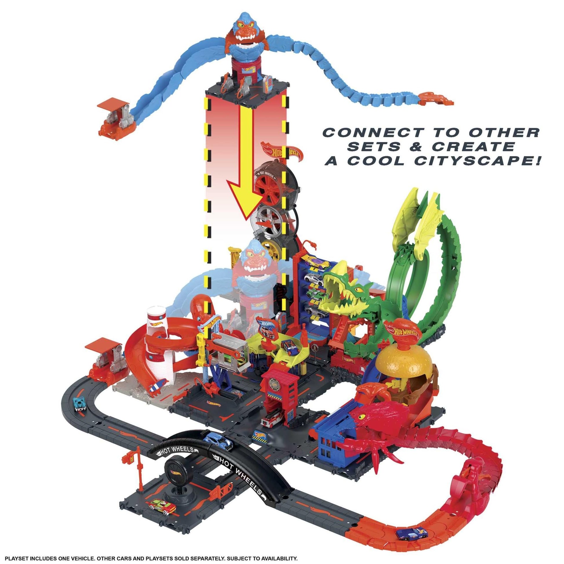 Hot Wheels City Wreck & Ride Gorilla Attack set with car, featuring gas station theme and connectable tracks for kids.