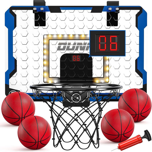 TEMI Indoor Basketball Hoop for Kids, LED Light Door Basketball Hoop, Mini Backboard with Electronic Scoreboard & 4 Balls, Basketball Kids Gift 5 6 7 8 9 10 11 12 Year Old Boys Girls Teen
