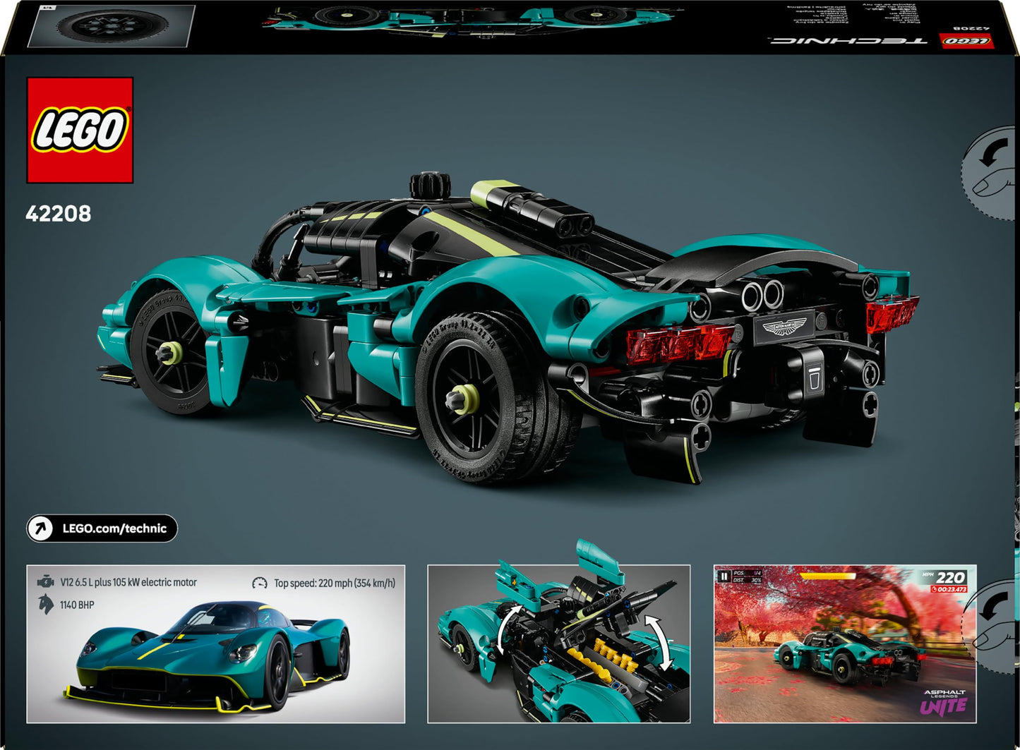 LEGO Technic Aston Martin Valkyrie model kit with detailed car design, ideal for creative play for kids aged 9 and over.