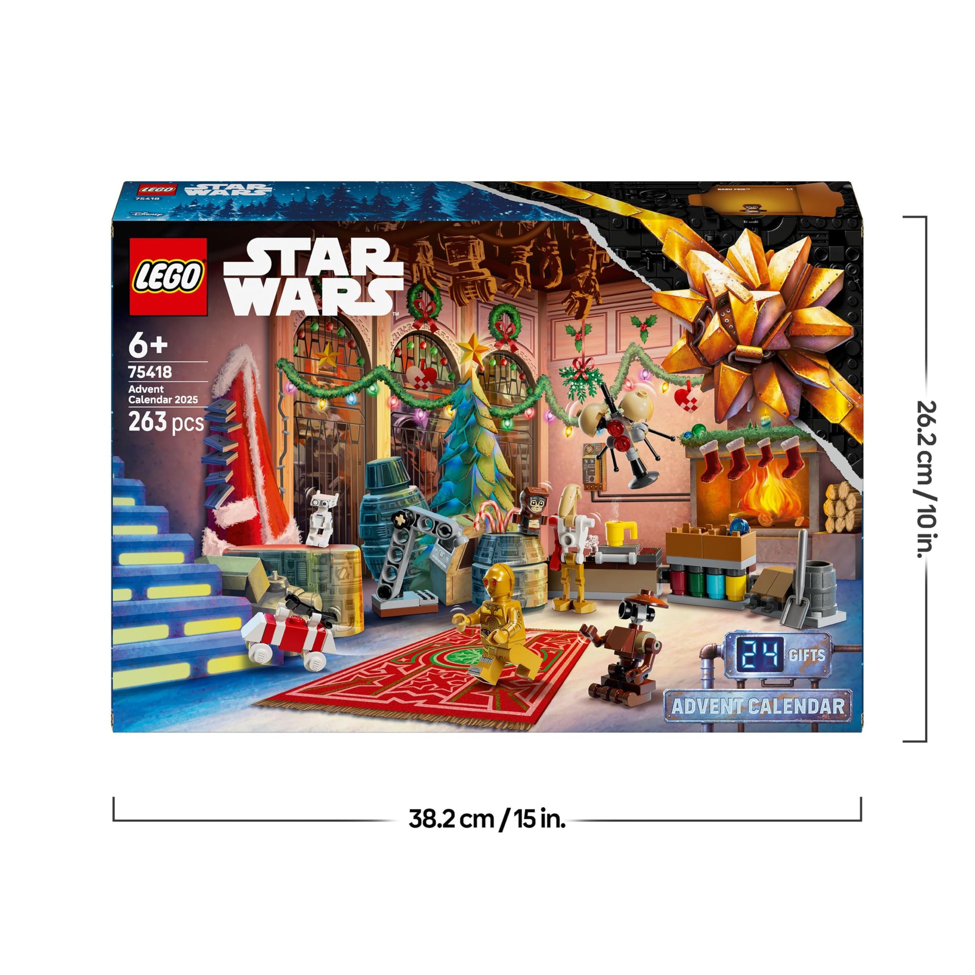 LEGO Star Wars Advent Calendar 2025 showing 24 surprises, including 2 minifigures and 5 droid figures for kids.