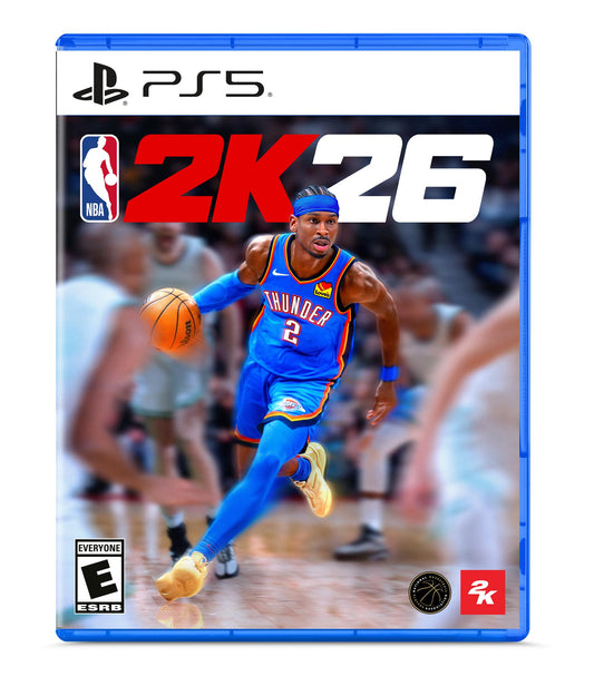 Cover art for NBA 2K26 video game on PlayStation 5, featuring dynamic basketball action and branding from 2K.