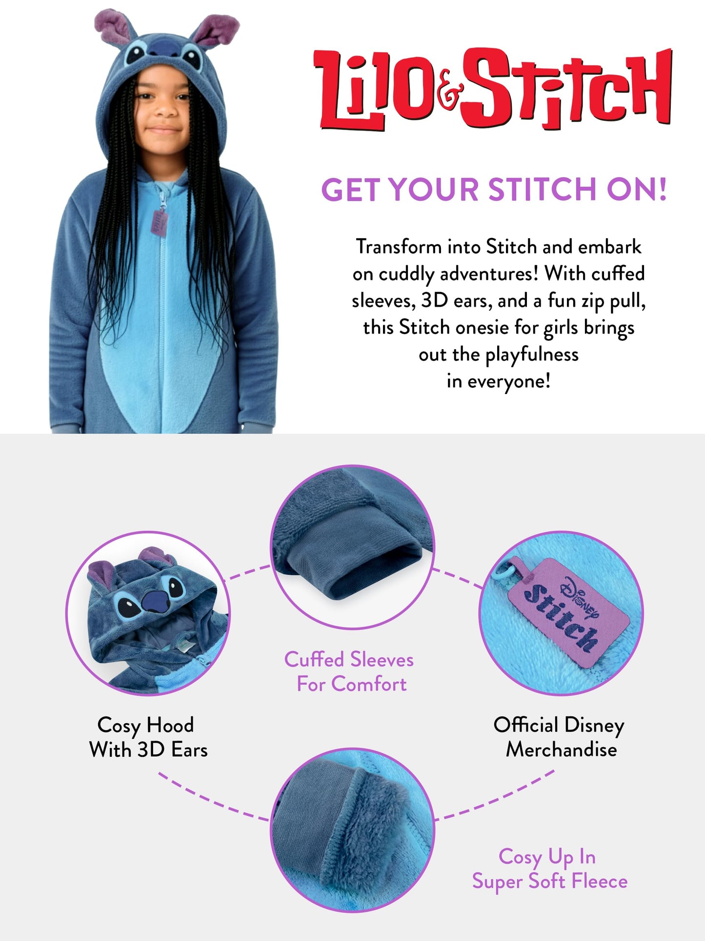 Disney Stitch Onesie For Girls | Girls Onesies | Stitch PJs | Blue 6-7 Years
