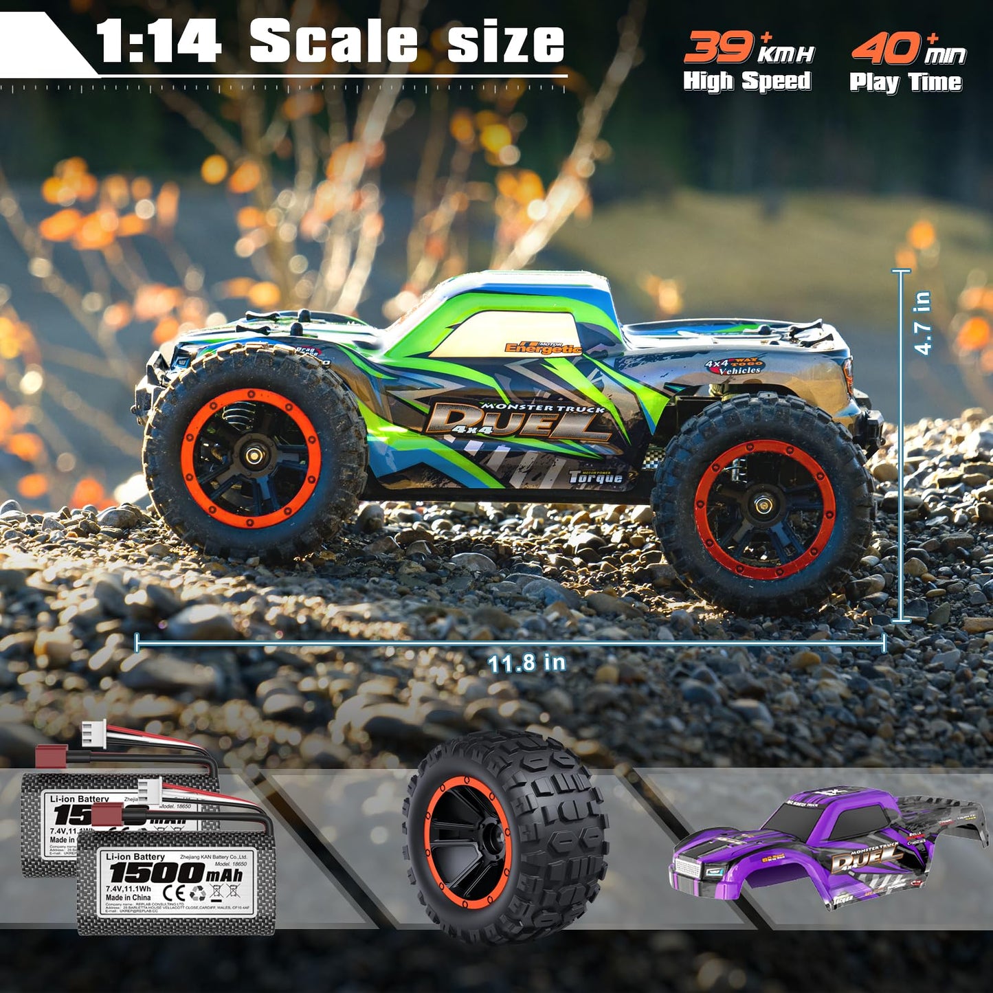 HAIBOXING RC Car, 1:14 Remote Control Car for Adults & Kids, 39+KPH Hobby Electric Monster Truck, 2.4GHz 4WD All Terrain Waterproof Off Road RC Truck, Toys Vehicle Hobby Grade Buggy for Boys