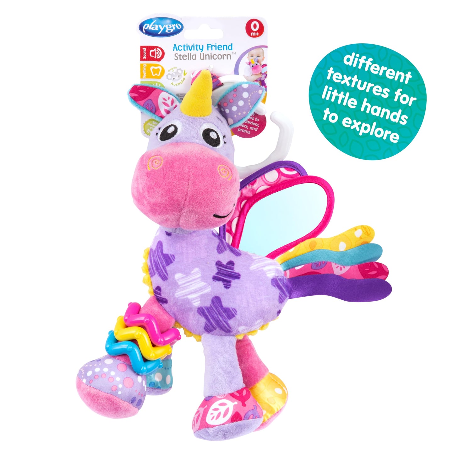 Playgro Activity Friend Stella Unicorn - Delight Your Baby Girl with this Sensory Development Toy, Ideal Baby Girl Gift for 0+ Months - On-The-Go Fun with Car Seat Toys and Pram Toy