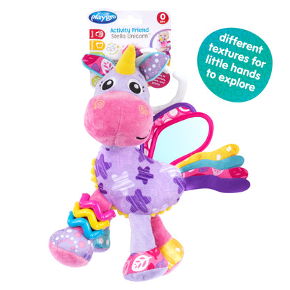Playgro Activity Friend Stella Unicorn - Delight Your Baby Girl with this Sensory Development Toy, Ideal Baby Girl Gift for 0+ Months - On-The-Go Fun with Car Seat Toys and Pram Toy