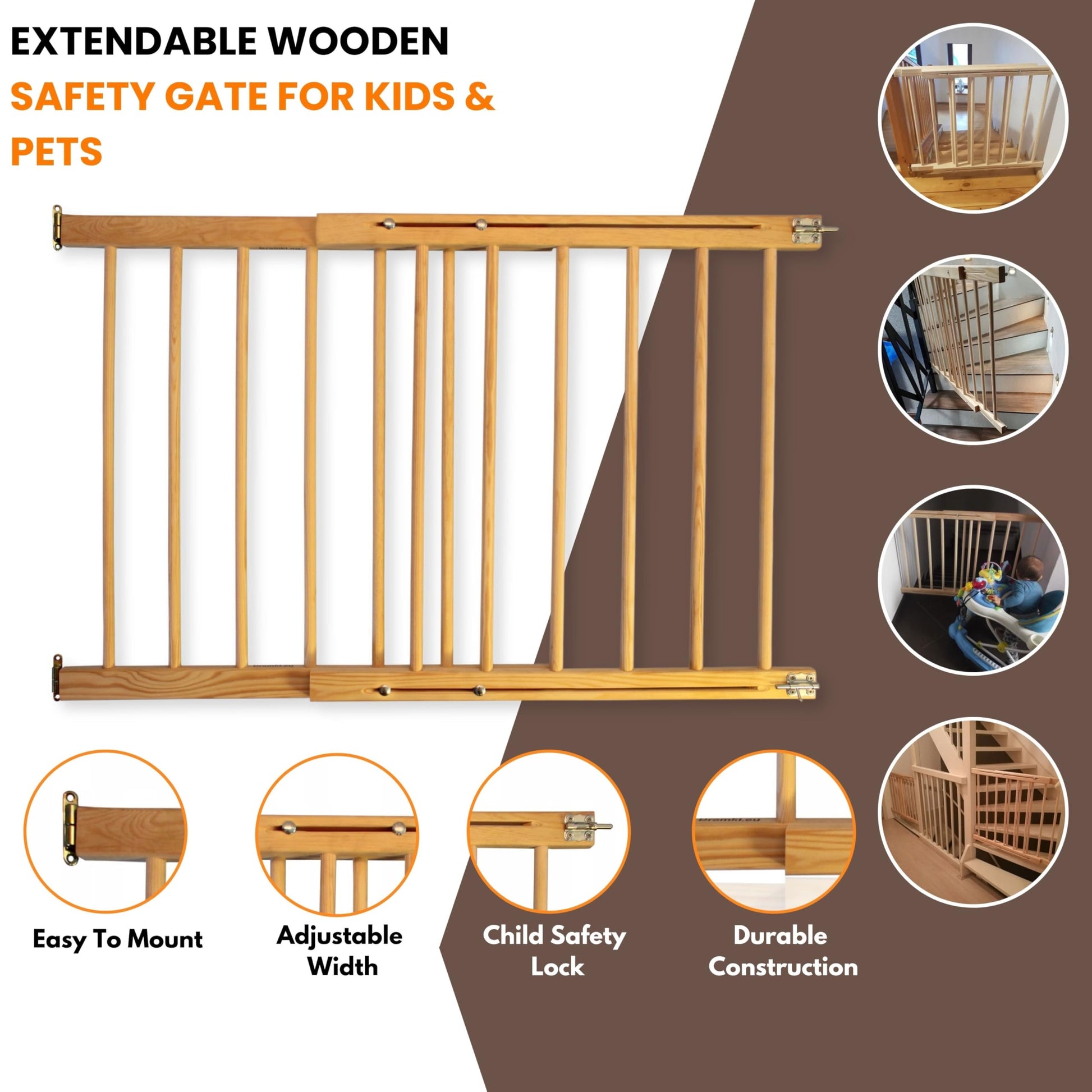 Extendable wooden baby gate by NOVECRAFTO with lock, versatile safety gate for doorways, stairs, pets, and babies.