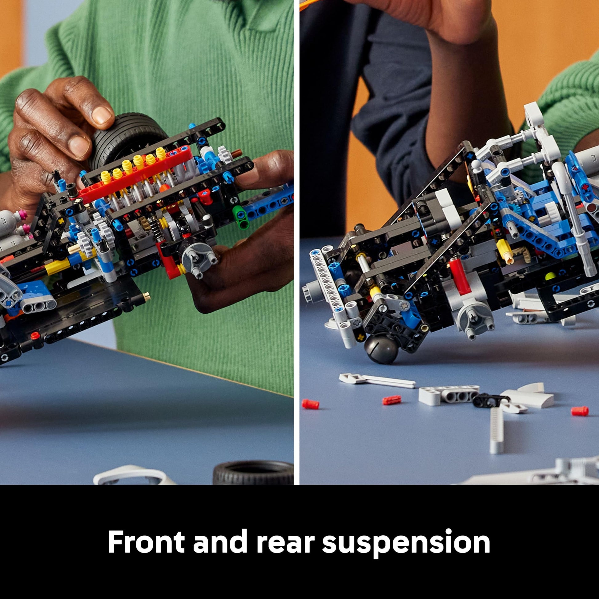 LEGO Technic Nissan Skyline GT-R (R34) car model kit with drift function, steering, and detailed 6-cylinder engine.