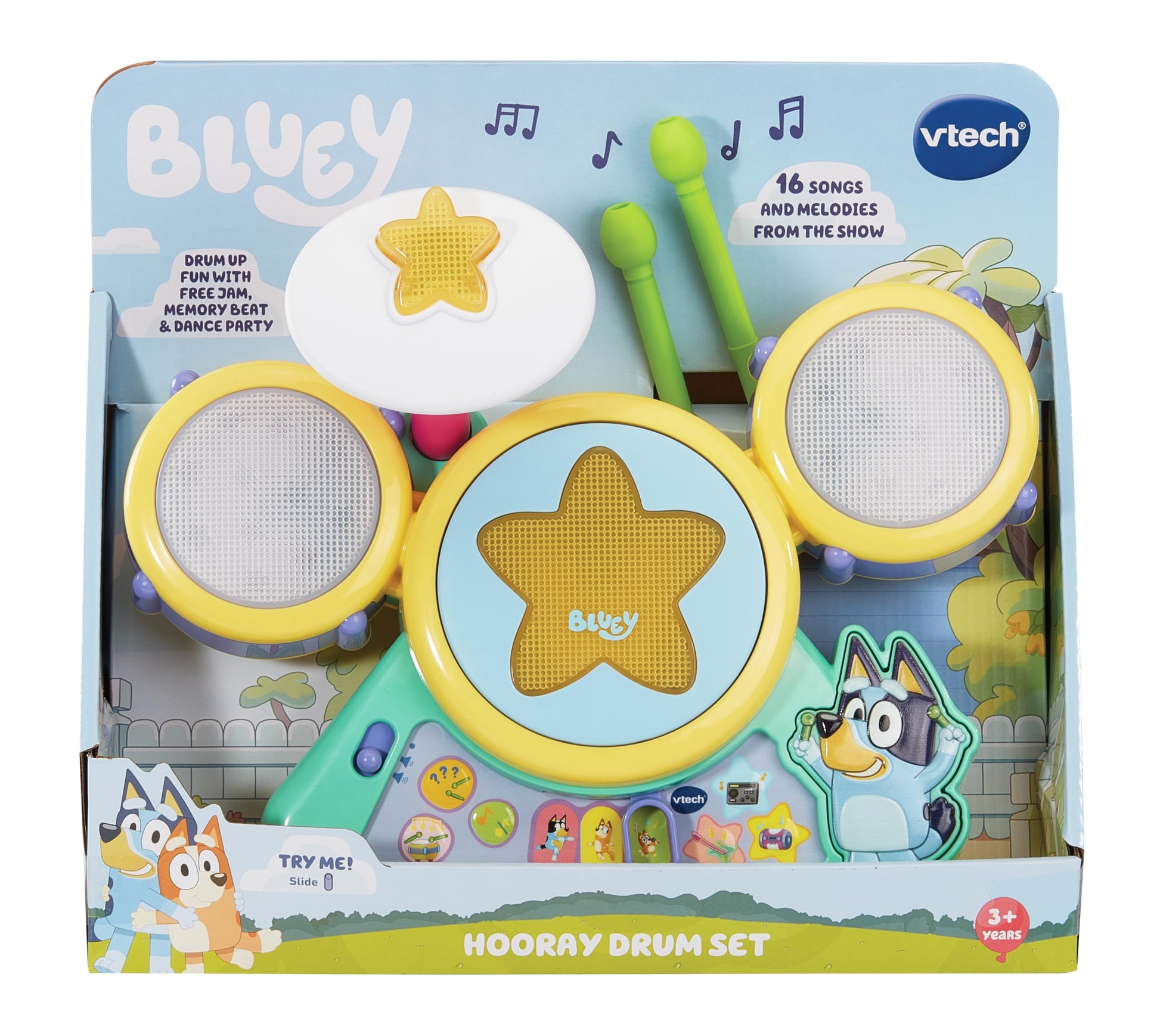VTech Bluey Hurrah Drum Set with colorful drums and drumsticks, designed for young children to play and learn music.