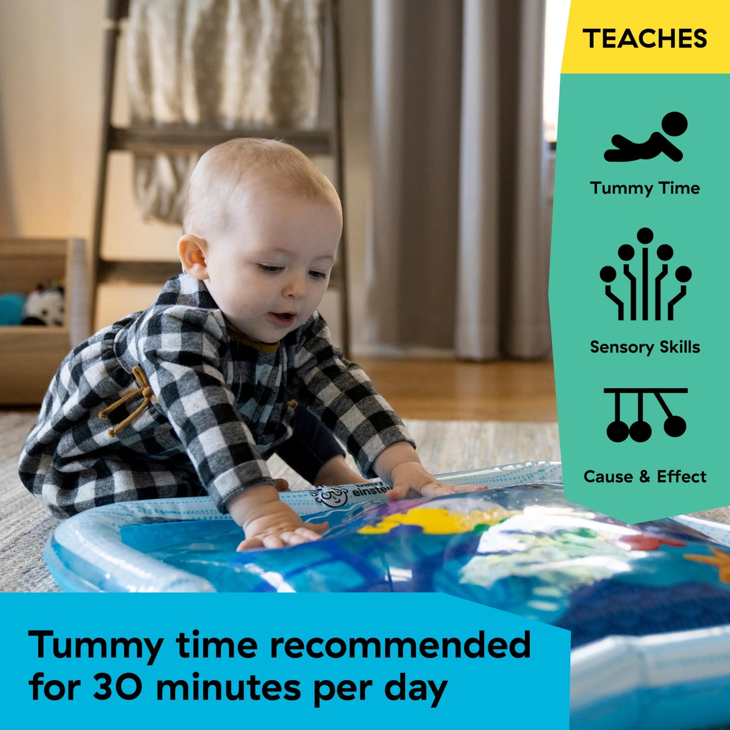 Baby Einstein Tummy Time Water Play Mat with colorful ocean-themed sensory toys for babies, ideal for newborns and infants.
