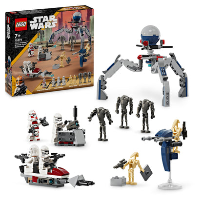 LEGO Star Wars Clone Trooper and Battle Droid battle pack featuring minifigures, droids, and a speeder bike.