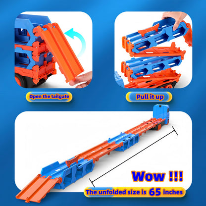 Bearbao race track set featuring die-cast transport trucks and cars for toddlers aged 2-6 years, with vibrant colors.