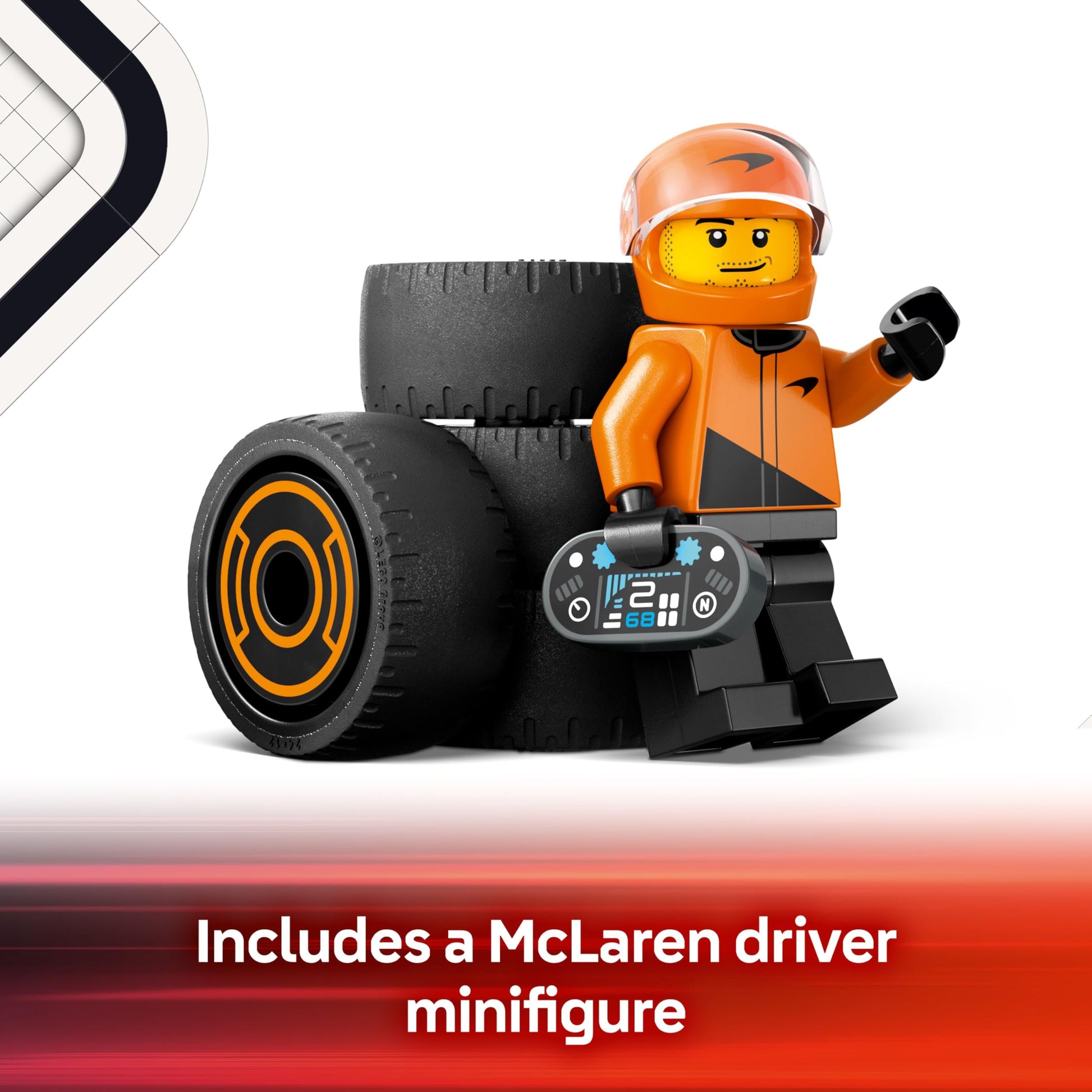 LEGO City F1 Driver with McLaren Race Car set featuring a racing driver minifigure on a racetrack background.
