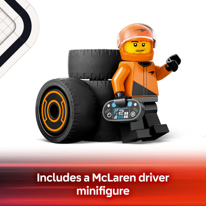 LEGO City F1 Driver with McLaren Race Car set featuring a racing driver minifigure on a racetrack background.