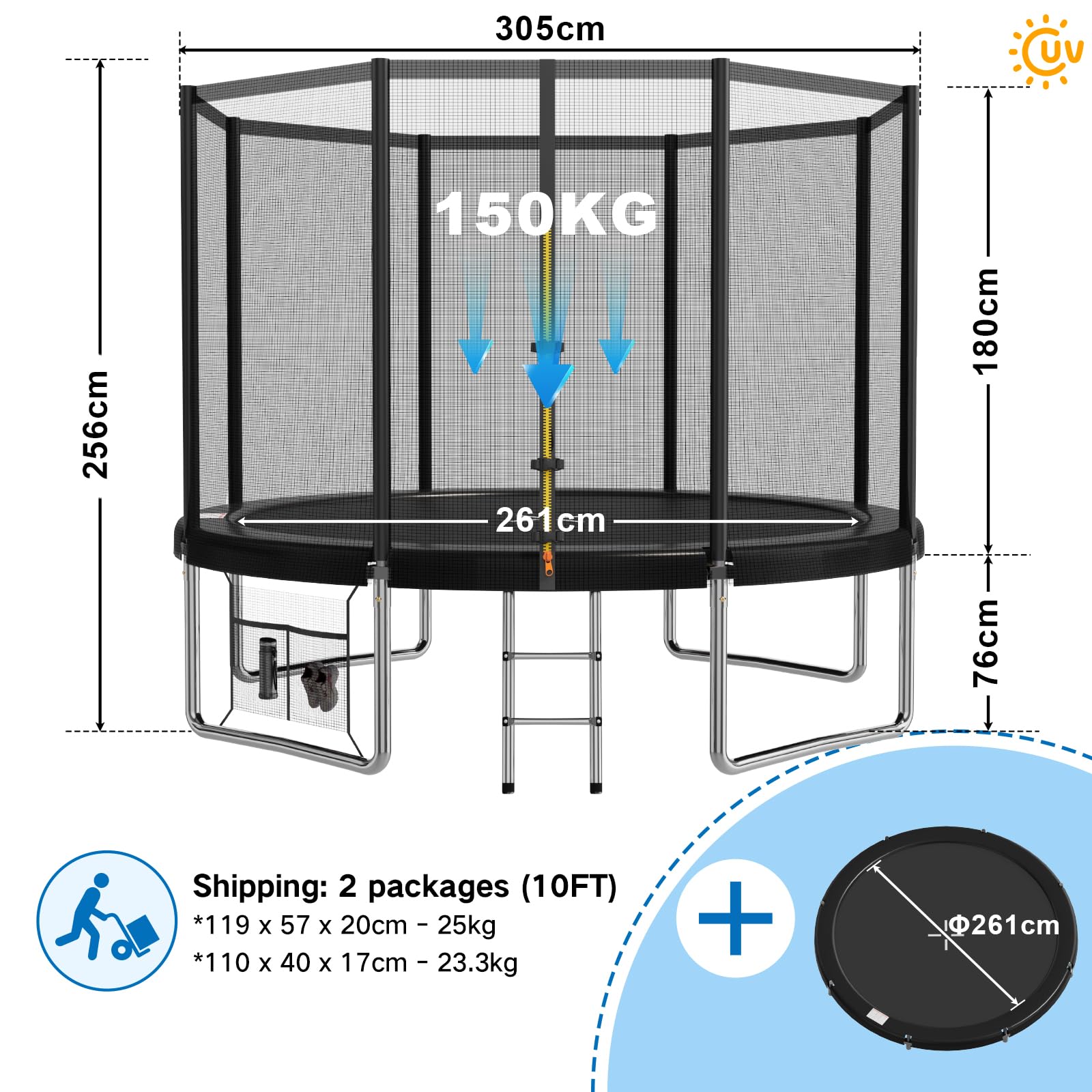 Devoko 10ft kids trampoline with safety net and reinforced steel frame, waterproof surface, suitable for children aged 6-12.