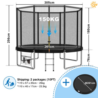 Devoko 10ft kids trampoline with safety net and reinforced steel frame, waterproof surface, suitable for children aged 6-12.