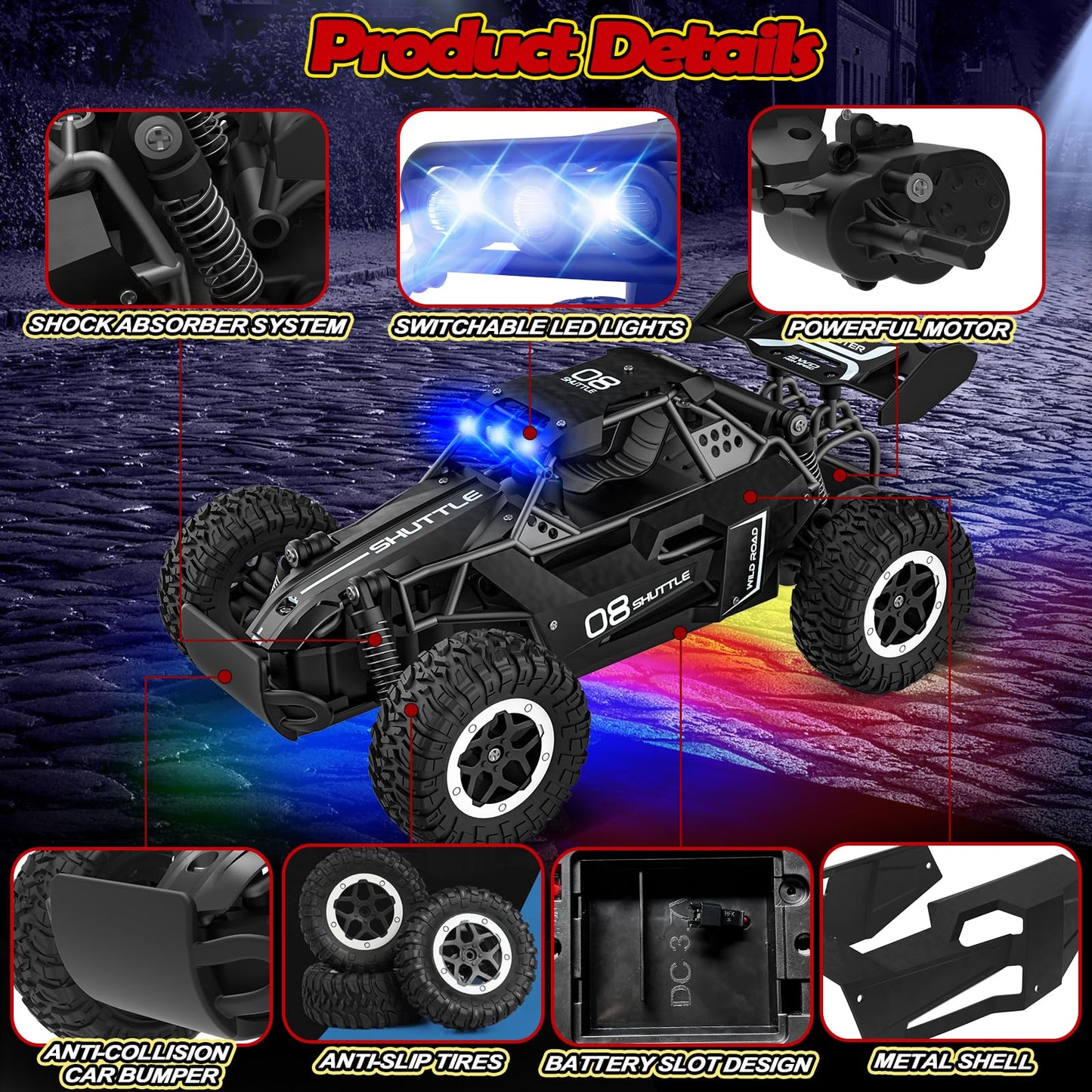 SZJJX Remote Control Car for Kids 3 4 5 6 7+, 20 KM/H High-Speed RC Cars with LED Lights, 2.4GHz 2WD Monster Truck Toys, Rechargeable RC Car, Toy Cars for Girls Boys, Christmas & Birthday Gifts–Black
