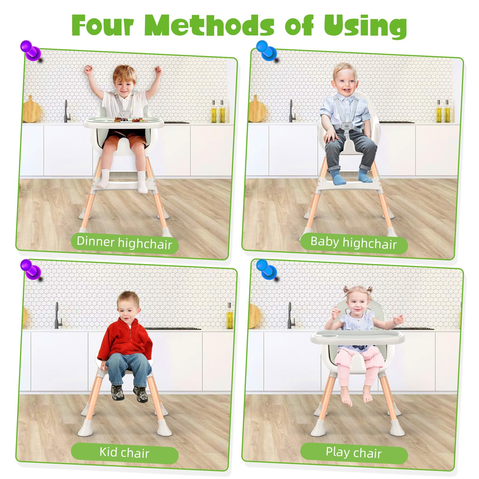 Green Sweetmirth 4-in-1 baby high chair with adjustable height, removable tray, ergonomic design, suitable for toddlers 6 months to 5 years.
