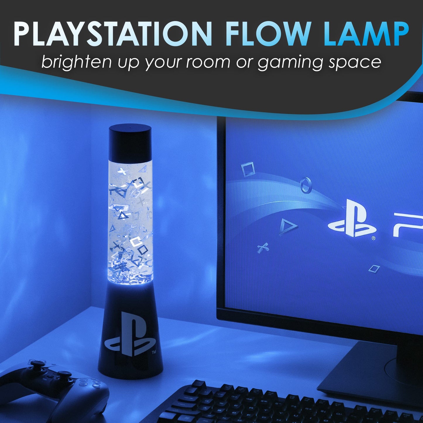 PlayStation Paladone | Sony Glitter Liquid Mood Light with Floating Controllers & Icons | Officially Licensed Sony Merchandise | PS5 | Lava Lamp | Desk Lamp | Bedside Light | Gaming Decor