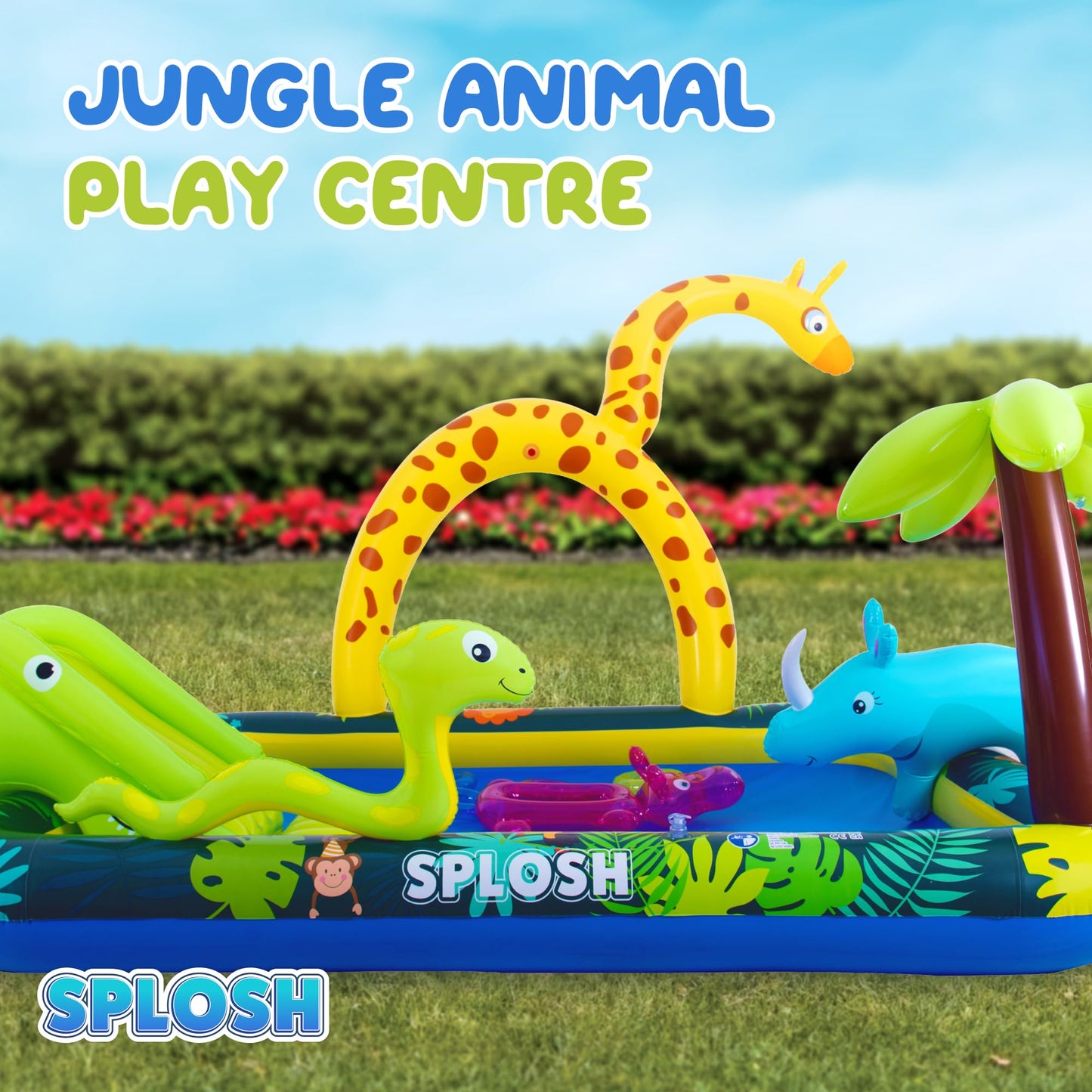 Splosh Jungle Animal Activity Paddling Pool with slide, inflatable ring toss, and vibrant jungle animal designs for toddlers.