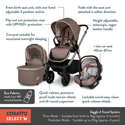 Cosatto Giggle 4 travel system with pram, pushchair, infant car seat, carrycot, raincover, and compact fold for babies and toddlers.