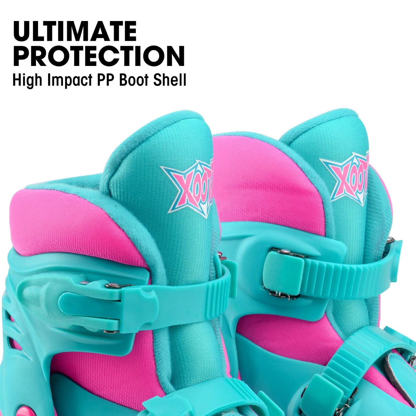 Pink Xootz kids quad roller skates for girls, adjustable beginner skate with pink and white design, suitable for young beginners.