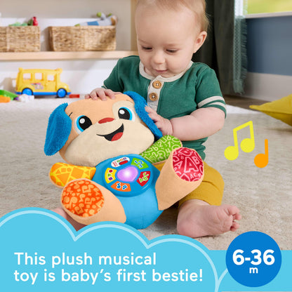Fisher-Price Laugh & Learn Smart Stages Puppy plush toy with musical features, suitable for infants 6+ months, multilingual version.