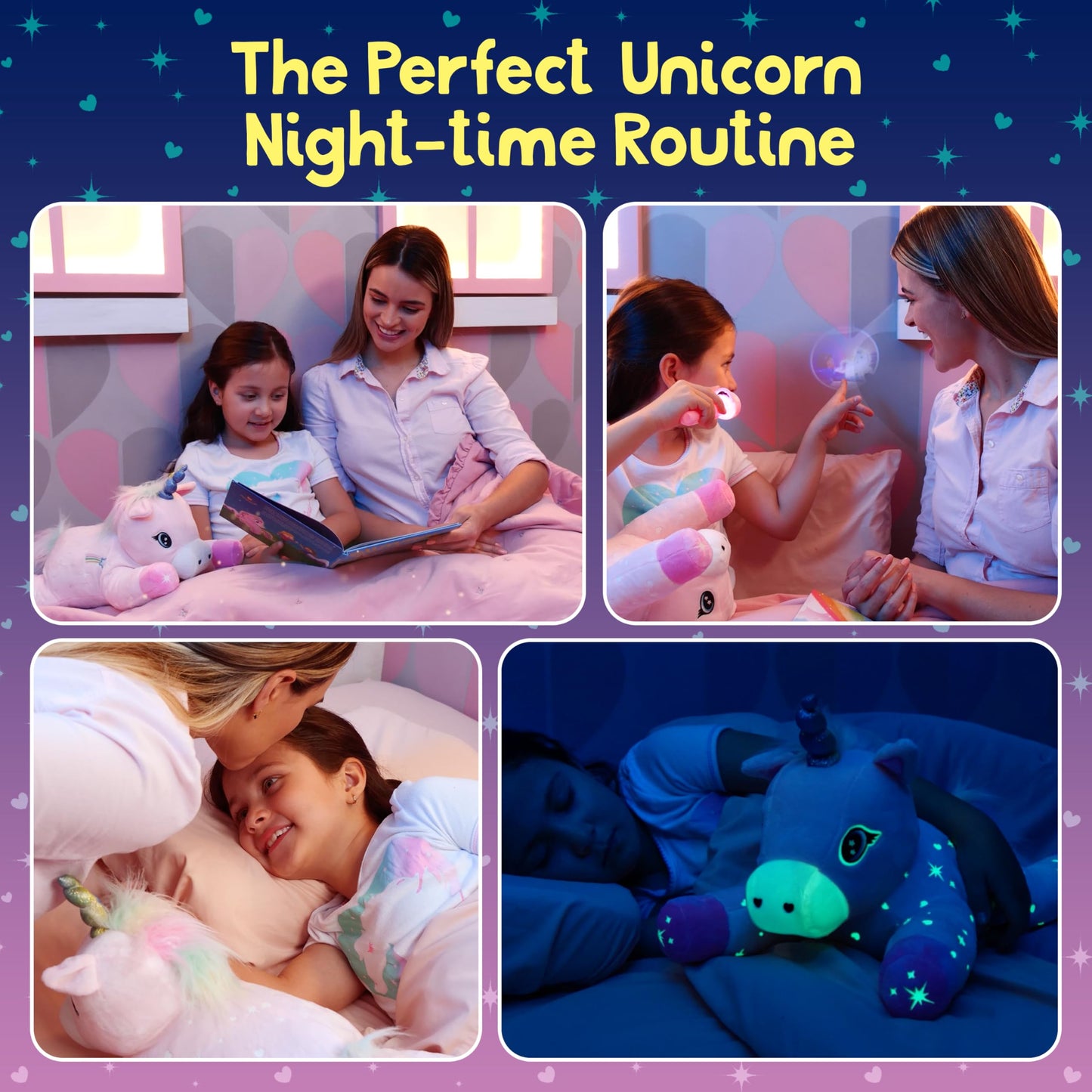SNUGSHINE Glow in The Dark Unicorn Plush Set with Unicorn Book & Torch Projector starring Glimmer the Glowing Unicorn